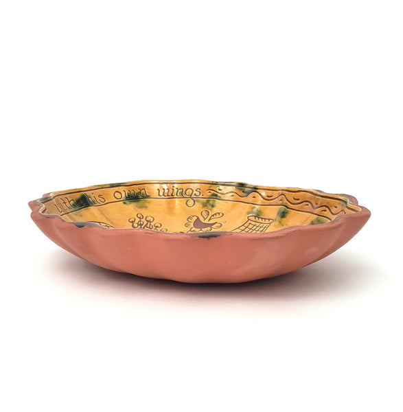Folk Art Oval Sgraffito Decorated Redware Pottery Bowl by Breininger Birds & Tulips 1990