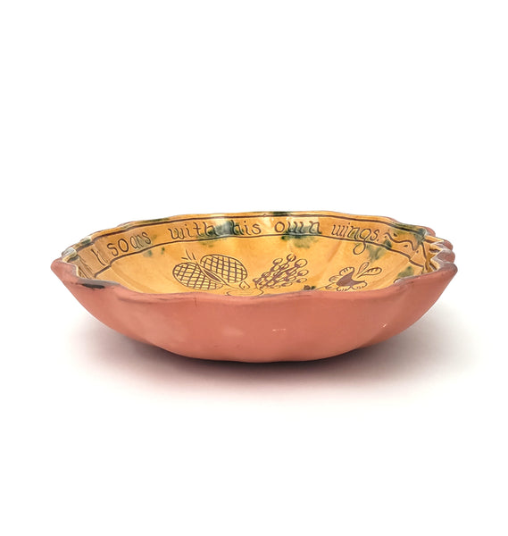 Folk Art Oval Sgraffito Decorated Redware Pottery Bowl by Breininger Birds & Tulips 1990