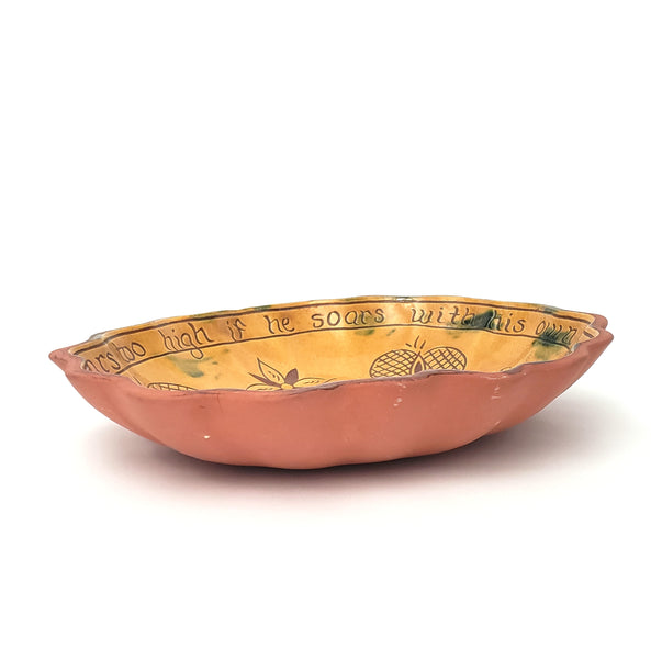 Folk Art Oval Sgraffito Decorated Redware Pottery Bowl by Breininger Birds & Tulips 1990