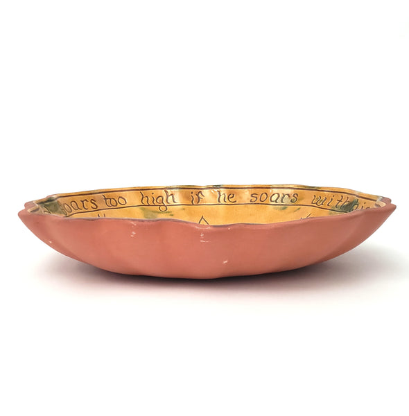 Folk Art Oval Sgraffito Decorated Redware Pottery Bowl by Breininger Birds & Tulips 1990