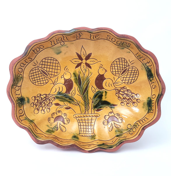 Folk Art Oval Sgraffito Decorated Redware Pottery Bowl by Breininger Birds & Tulips 1990