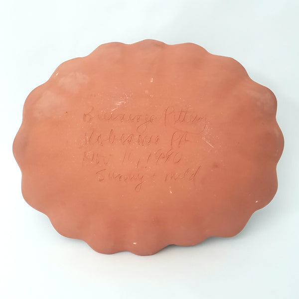 Folk Art Oval Sgraffito Decorated Redware Pottery Bowl by Breininger Birds & Tulips 1990