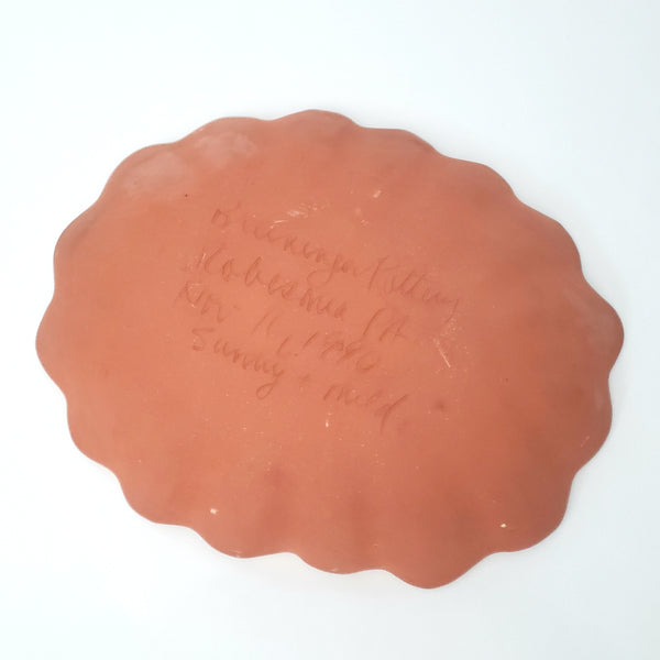 Folk Art Oval Sgraffito Decorated Redware Pottery Bowl by Breininger Birds & Tulips 1990
