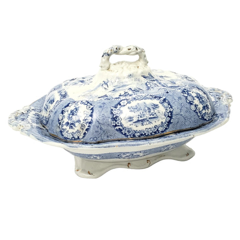 Antique Oval Blue Transfer Ware Covered Serving Bowl ORIENTAL by Ridgway England