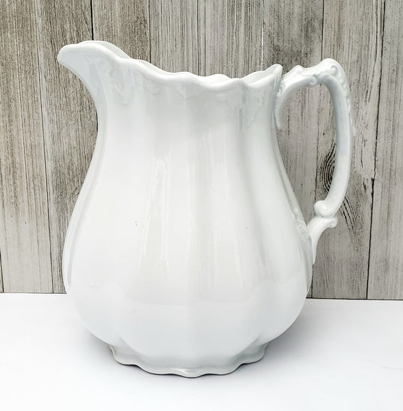 Antique White Ironstone Pitcher 9"  Ribbed 3 Quarts by Johnson Brothers England