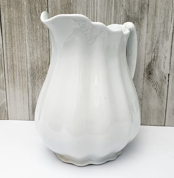 Antique White Ironstone Pitcher 9"  Ribbed 3 Quarts by Johnson Brothers England