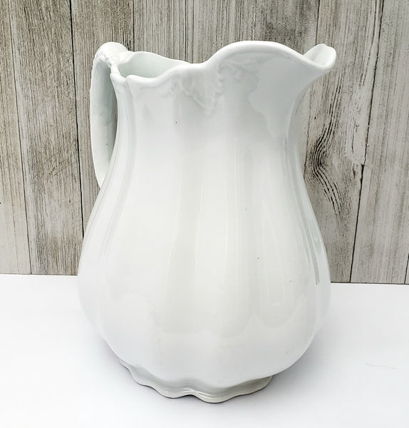 Antique White Ironstone Pitcher 9"  Ribbed 3 Quarts by Johnson Brothers England