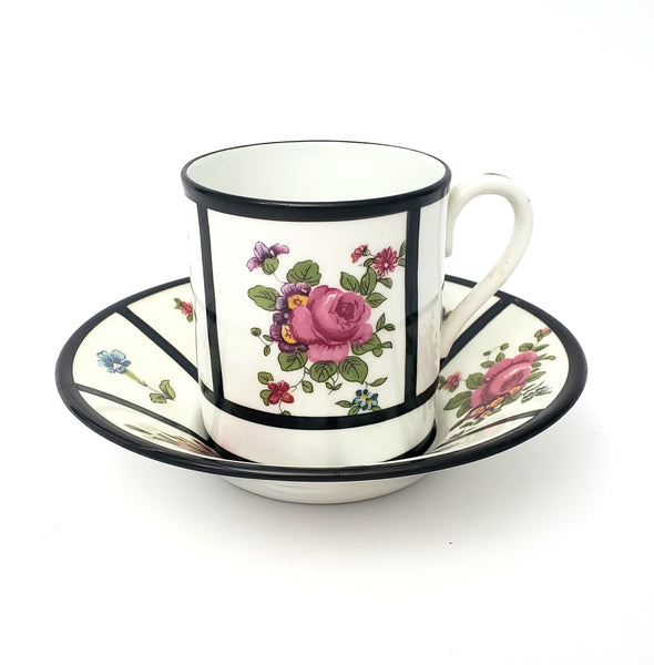 English Demitasse Cup & Saucer Crown Staffordshire Roses & Floral Black Trim
