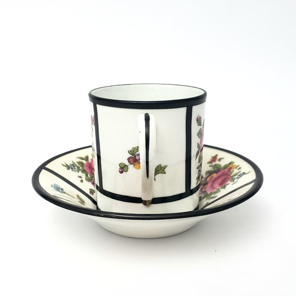 English Demitasse Cup & Saucer Crown Staffordshire Roses & Floral Black Trim