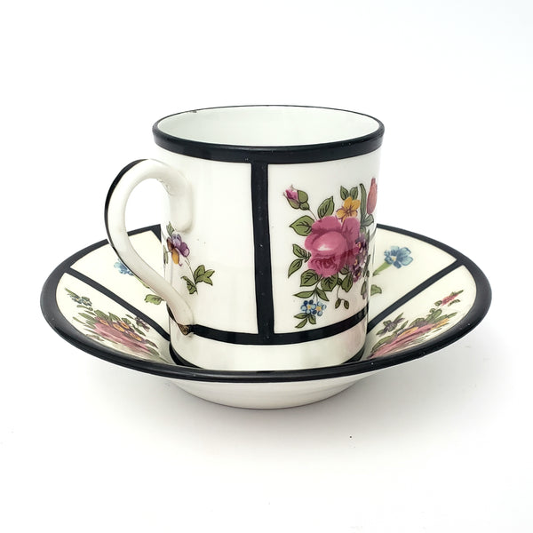 English Demitasse Cup & Saucer Crown Staffordshire Roses & Floral Black Trim