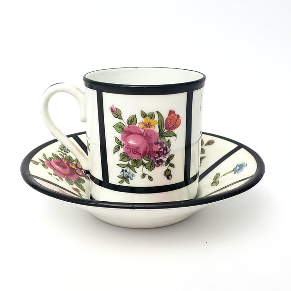 English Demitasse Cup & Saucer Crown Staffordshire Roses & Floral Black Trim