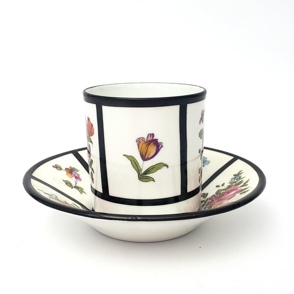English Demitasse Cup & Saucer Crown Staffordshire Roses & Floral Black Trim