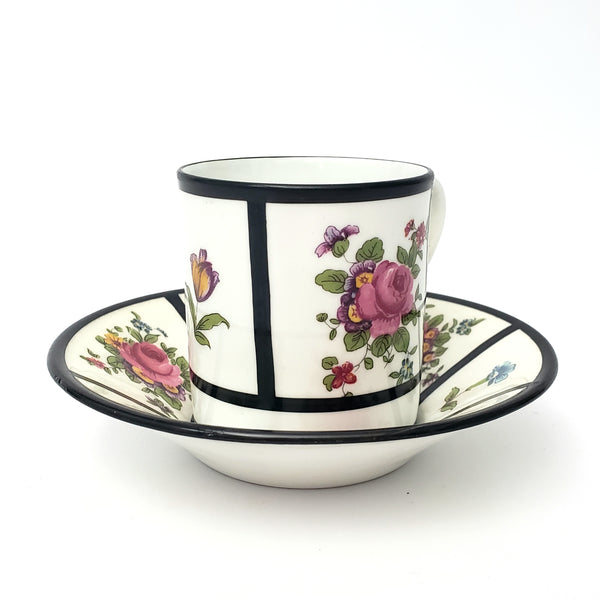 English Demitasse Cup & Saucer Crown Staffordshire Roses & Floral Black Trim
