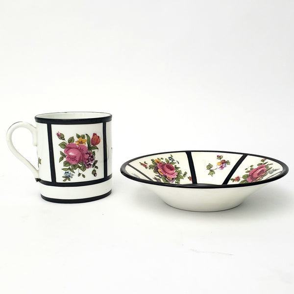 English Demitasse Cup & Saucer Crown Staffordshire Roses & Floral Black Trim