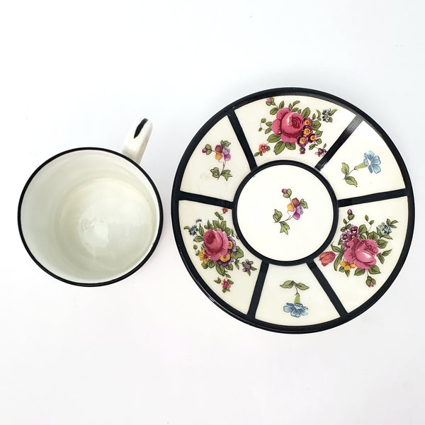 English Demitasse Cup & Saucer Crown Staffordshire Roses & Floral Black Trim
