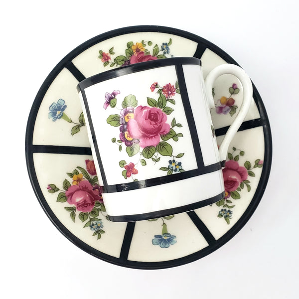 English Demitasse Cup & Saucer Crown Staffordshire Roses & Floral Black Trim
