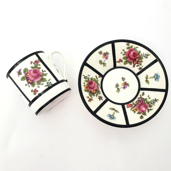 English Demitasse Cup & Saucer Crown Staffordshire Roses & Floral Black Trim