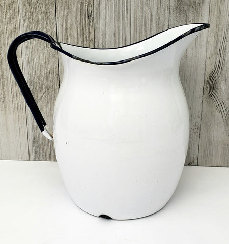 Antique White Enamelware Pitcher Dark Blue Handle & Rim 8"