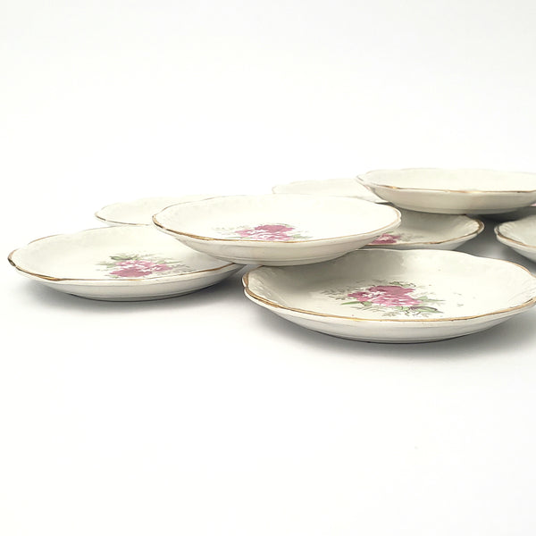 Antique Porcelain Butter Pats Dishes Set of 12 Pink & Rose Floral