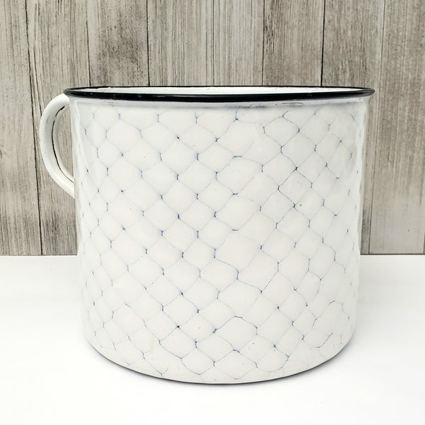Antique Large White & Blue Enamelware Mug - Pot "Chicken Wire" Pattern
