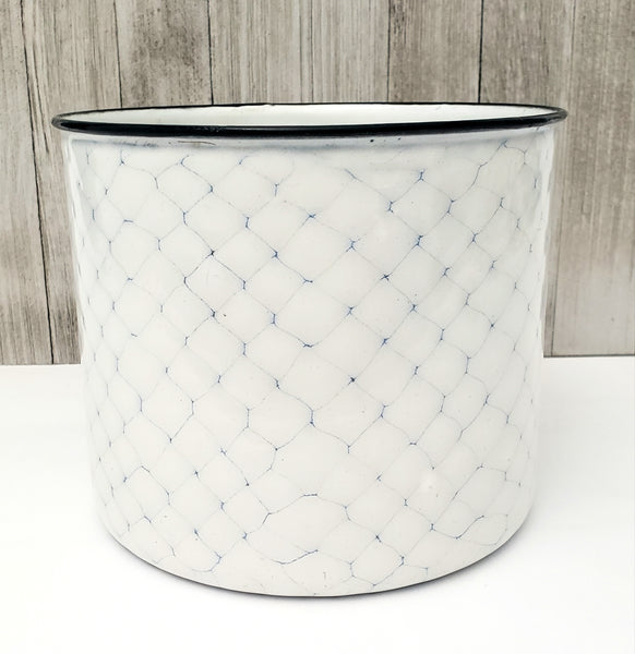 Antique Large White & Blue Enamelware Mug - Pot "Chicken Wire" Pattern
