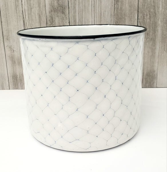 Antique Large White & Blue Enamelware Mug - Pot "Chicken Wire" Pattern