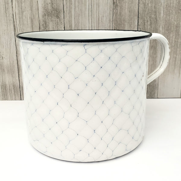 Antique Large White & Blue Enamelware Mug - Pot "Chicken Wire" Pattern