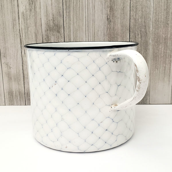 Antique Large White & Blue Enamelware Mug - Pot "Chicken Wire" Pattern
