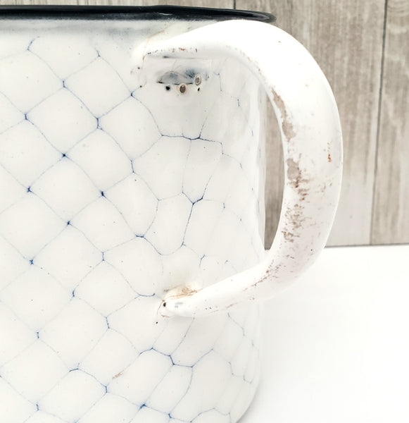 Antique Large White & Blue Enamelware Mug - Pot "Chicken Wire" Pattern