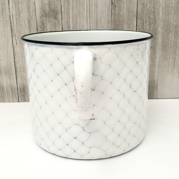Antique Large White & Blue Enamelware Mug - Pot "Chicken Wire" Pattern