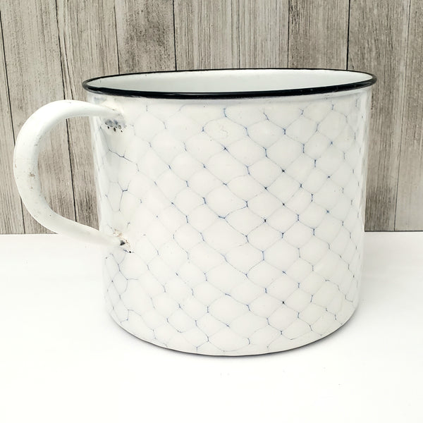 Antique Large White & Blue Enamelware Mug - Pot "Chicken Wire" Pattern