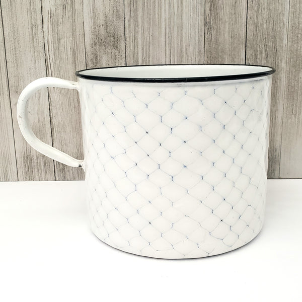 Antique Large White & Blue Enamelware Mug - Pot "Chicken Wire" Pattern