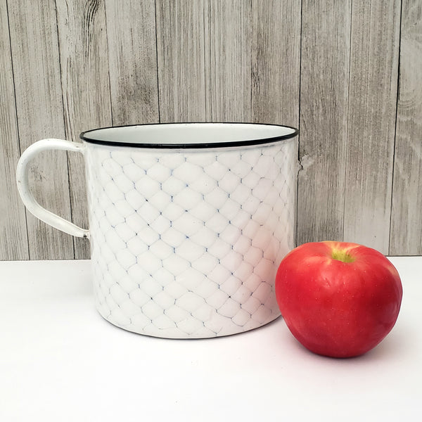 Antique Large White & Blue Enamelware Mug - Pot "Chicken Wire" Pattern
