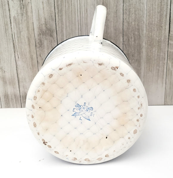 Antique Large White & Blue Enamelware Mug - Pot "Chicken Wire" Pattern