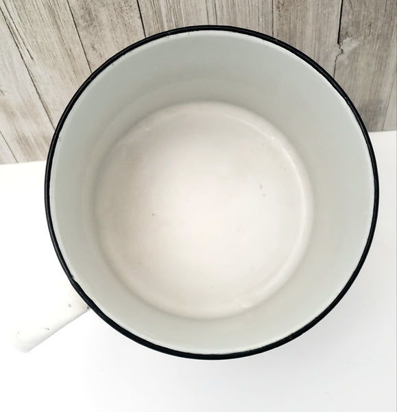 Antique Large White & Blue Enamelware Mug - Pot "Chicken Wire" Pattern