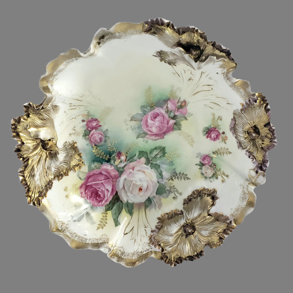 Antique RS Prussia Porcelain Cabinet Bowl Roses Gold Gilt Crimped Rim