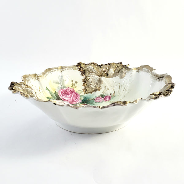 Antique RS Prussia Porcelain Cabinet Bowl with Roses Gold Gilt Crimped Rim