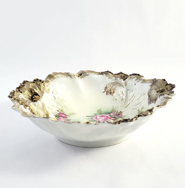 Antique RS Prussia Porcelain Cabinet Bowl with Roses Gold Gilt Crimped Rim