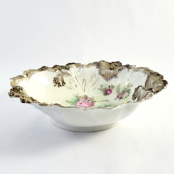 Antique RS Prussia Porcelain Cabinet Bowl with Roses Gold Gilt Crimped Rim
