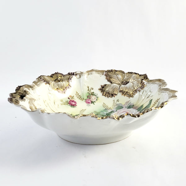 Antique RS Prussia Porcelain Cabinet Bowl with Roses Gold Gilt Crimped Rim