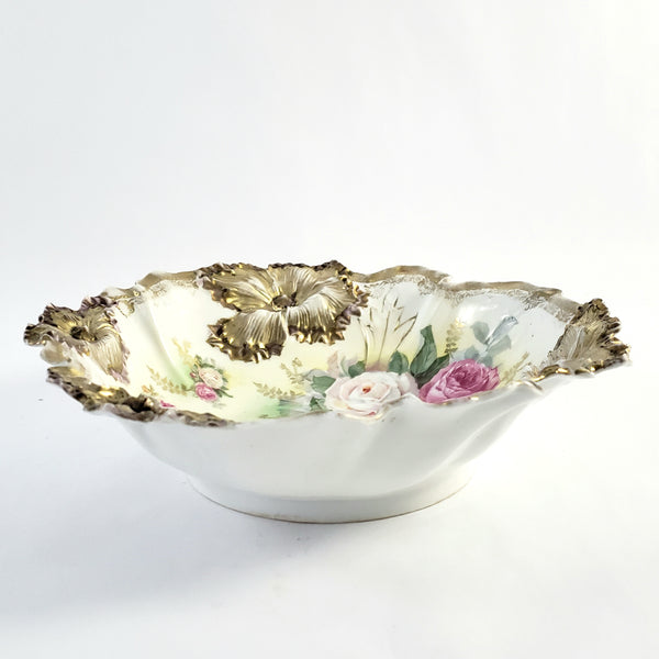Antique RS Prussia Porcelain Cabinet Bowl with Roses Gold Gilt Crimped Rim