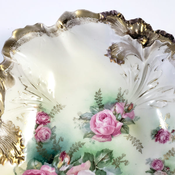 Antique RS Prussia Porcelain Cabinet Bowl with Roses Gold Gilt Crimped Rim