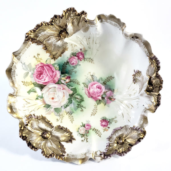 Antique RS Prussia Porcelain Cabinet Bowl with Roses Gold Gilt Crimped Rim