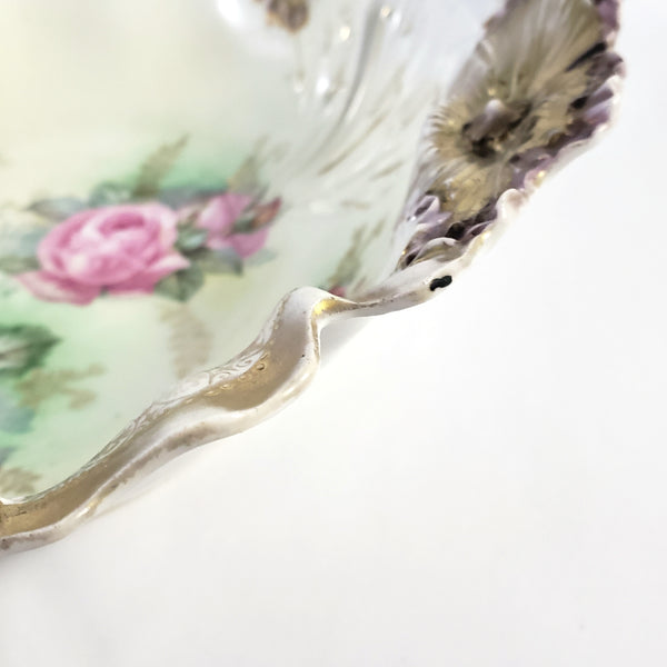 Antique RS Prussia Porcelain Cabinet Bowl with Roses Gold Gilt Crimped Rim