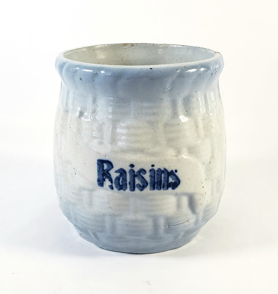 Antique Blue & White Salt Glazed Stoneware Jar "Raisins" No Lid