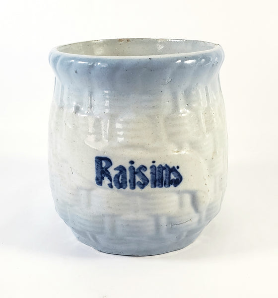 Antique Blue & White Salt Glazed Stoneware Jar "Raisins" No Lid