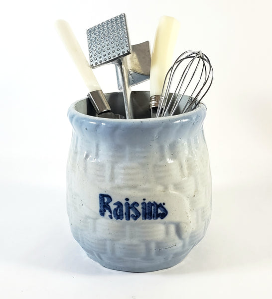 Antique Blue & White Salt Glazed Stoneware Jar "Raisins" No Lid