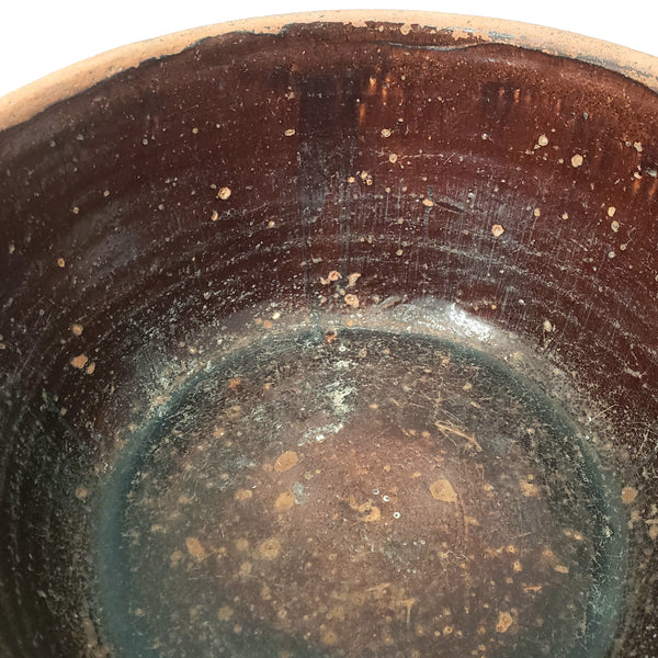 Large Old Redware Pottery Milk Pan Bowl Pour Spout Glazed Interior