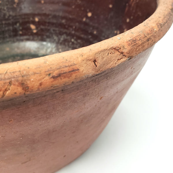 Large Old Redware Pottery Milk Pan Bowl Pour Spout Glazed Interior