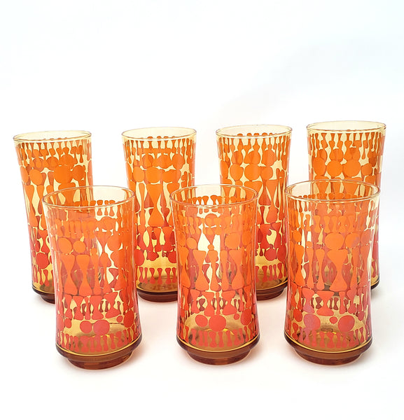 Vintage Mid Century Glass Tumbler Set of 7 Orange Geometric by Libbey Glass Co.